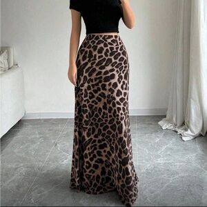 Classic Satin Leopard Print Fish Tail Long Maxi Skirt